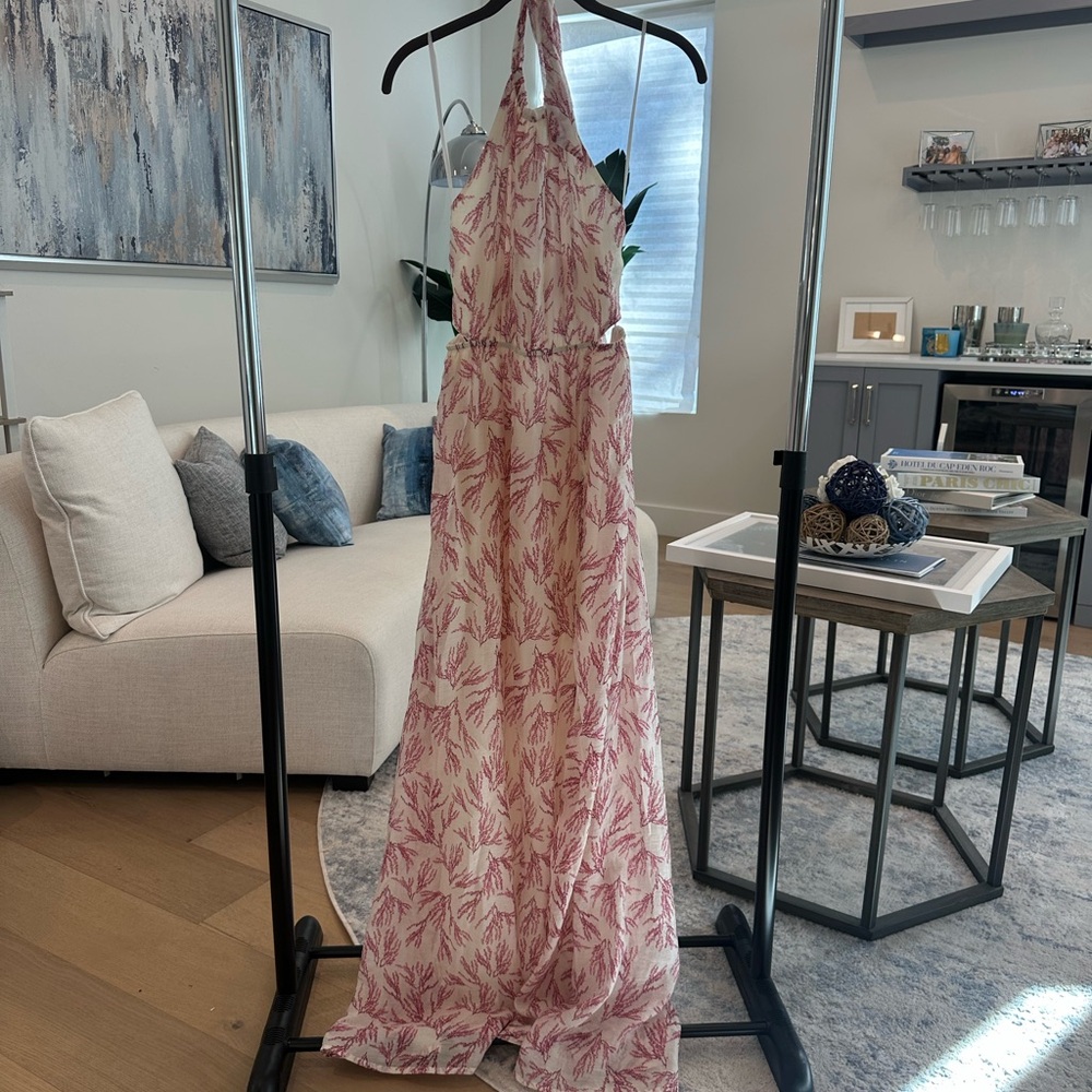 Aakaa Pink Leaf-Print Halter Maxi Dress